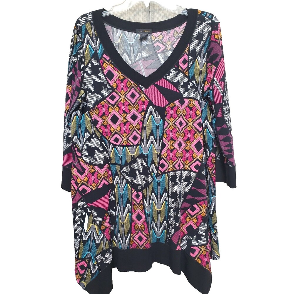 Eva Varro Mixed Print V-Neck Hanky Hem Tunic Size Large